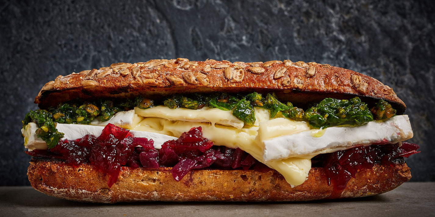 Brie, red cabbage and pistachio pesto sandwich