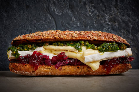 Brie, red cabbage and pistachio pesto sandwich