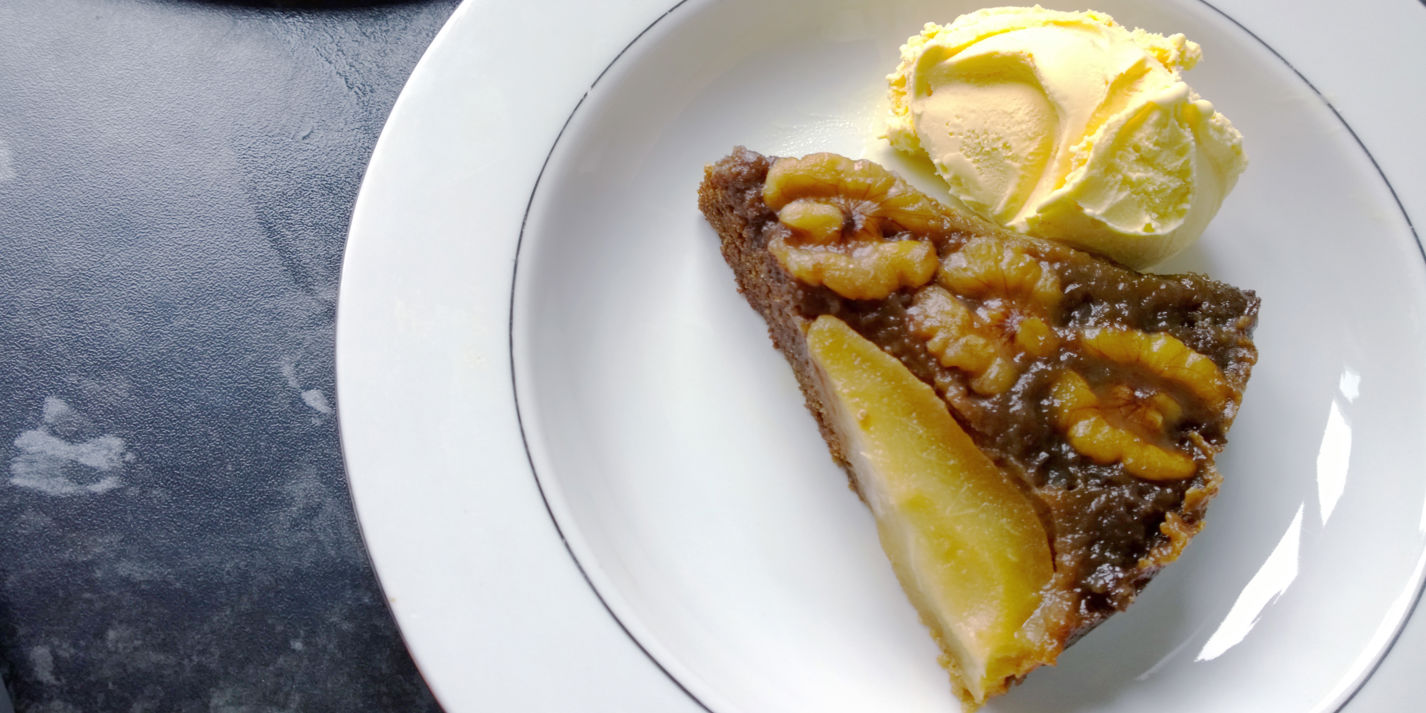 Upside-down ginger pear and walnut cake recipe - Great British Chefs