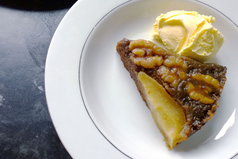 Upside-down ginger pear and walnut cake