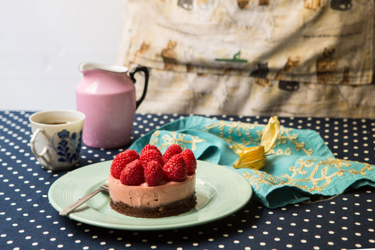 Raspberry mousse-topped chocolate cake