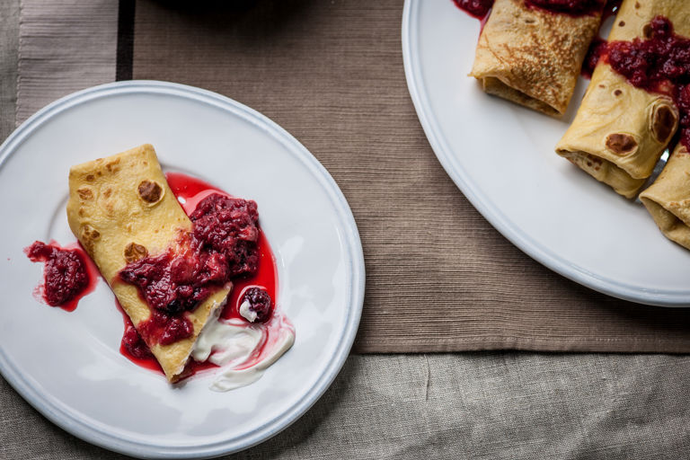 Blintzes with a rhubarb and berry compote