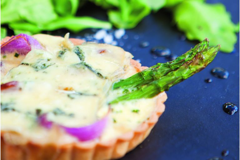 Asparagus, red onion and blue cheese tarts