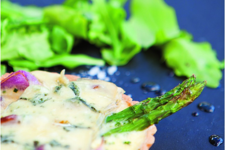 Asparagus, red onion and blue cheese tarts
