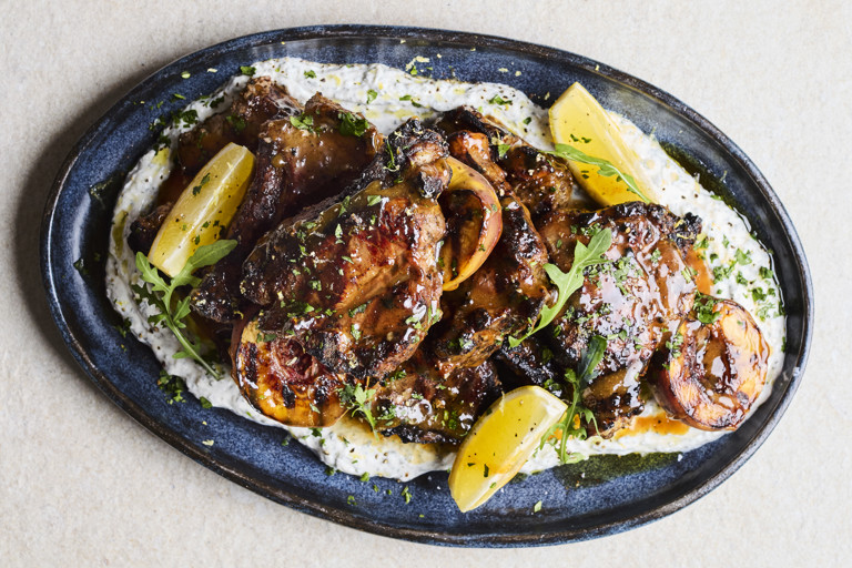 Spiced lamb chops with grilled peaches and honey