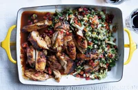 Pomegranate-glazed chicken thighs with red quinoa salad
