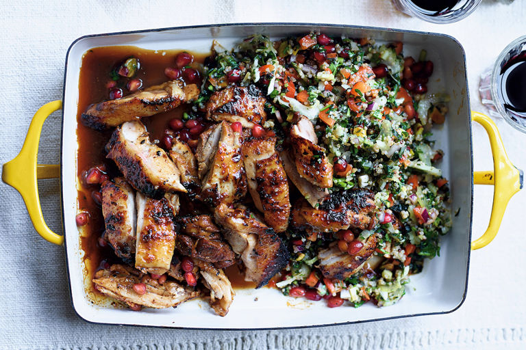 Pomegranate-glazed chicken thighs with red quinoa salad