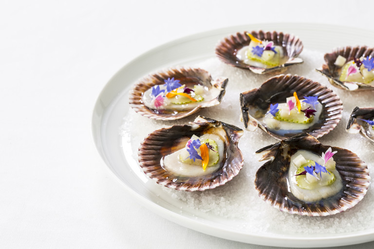 Scallop cured in elderflower with green strawberry