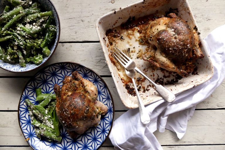 Roast poussin with bulgur wheat and preserved lemon stuffing 