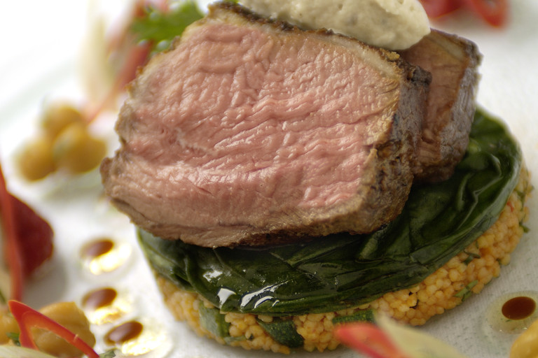 Moroccan lamb with harissa-spiced couscous and chickpea salsa