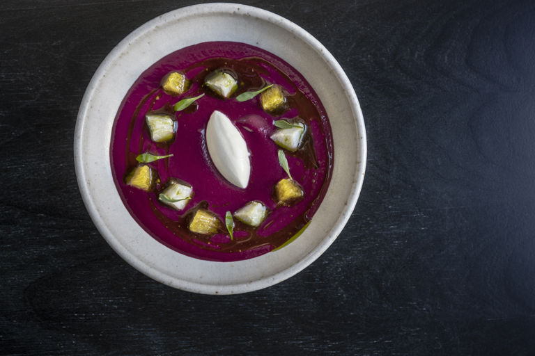 Chilled beetroot soup with smoked eel, coriander, orange and crème fraîche