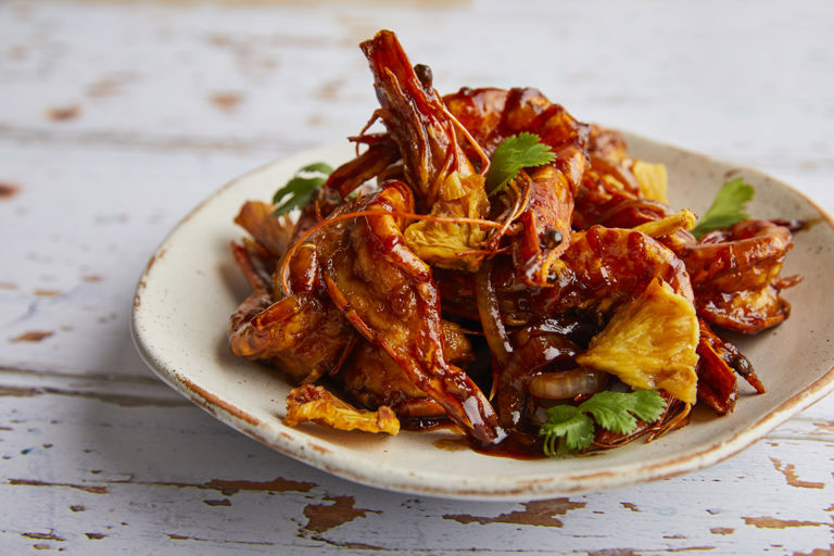 Sweet and sour whole prawns