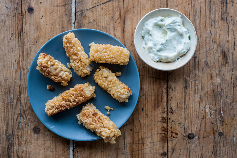Rice Krispie fish fingers with tangy mayo
