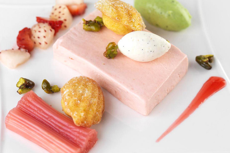 Rhubarb semifreddo and pistachio cream with a honey madeleine