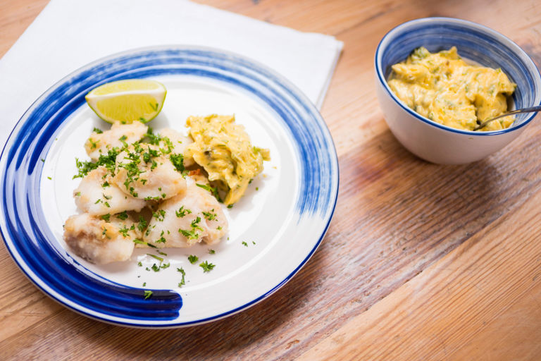 Skate cheeks with dill and caper mayonnaise