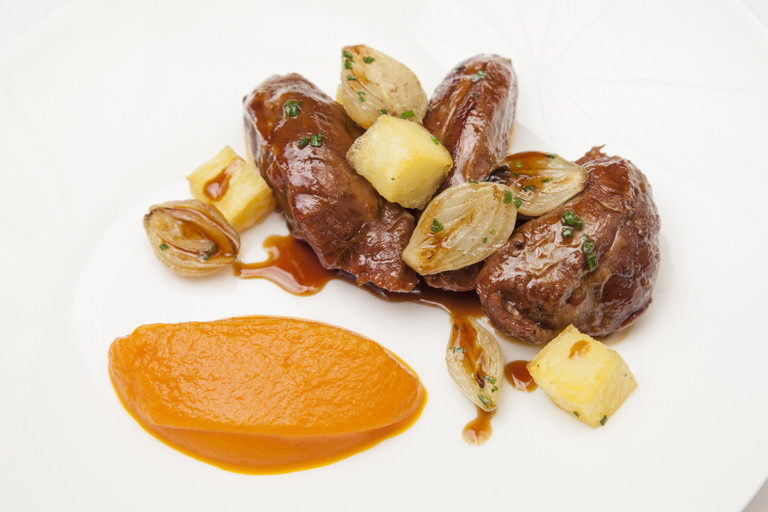 Pressure-cooked braised Welsh Lamb fore shank, parsnip bubble and squeak with smoked bacon sauce