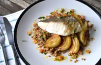 Roast cod loin with fennel and buckwheat, served with tarragon and anchovy dressing