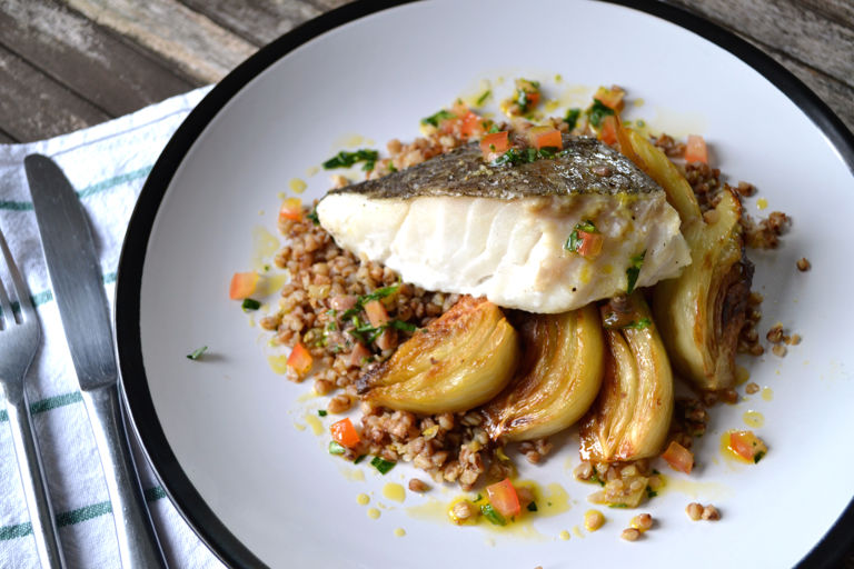 Roast cod loin with fennel and buckwheat, served with tarragon and anchovy dressing