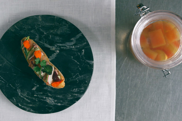 Chicken liver parfait, pickled watermelon rind and herbs