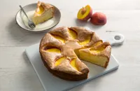 Olive oil cake with peaches and a lemon glaze