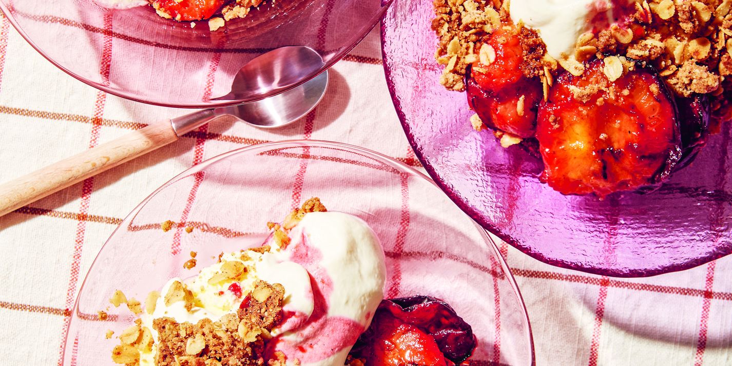 Grilled Plums, Five-Spice Crumble and Honey-Rum Cream Recipe - Great British Chefs
