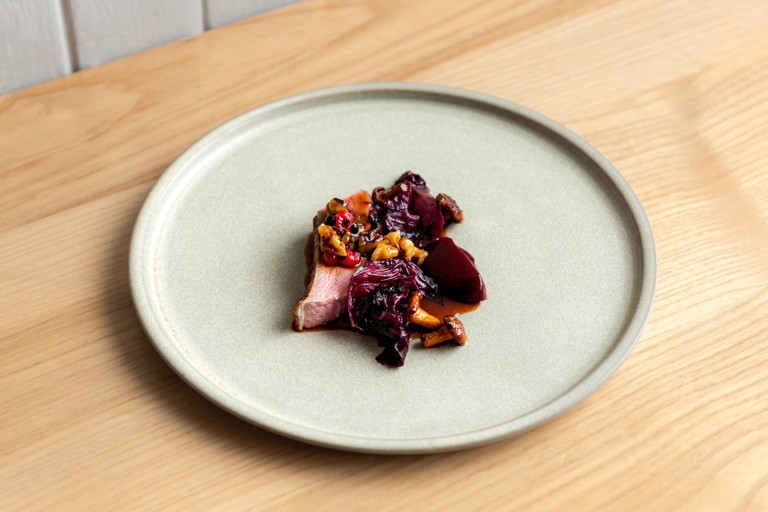 Duck breast, radicchio, girolle, walnut and redcurrant