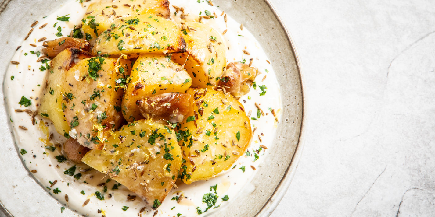 Cumin Confit Potatoes with Tahini Yoghurt Recipe - Great British Chefs