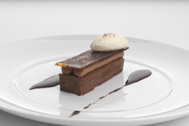 Salted chocolate delice with coffee mousse and rum crème fraîche