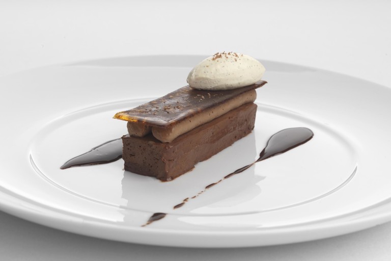 Salted chocolate delice with coffee mousse and rum crème fraîche