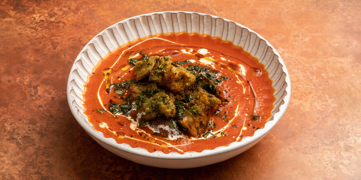 Tomato and Basil Soup With Roasted Garlic Bread Croutons Recipe - Great British Chefs