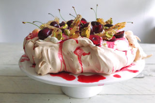 Cherry pavlova with pistachio brittle
