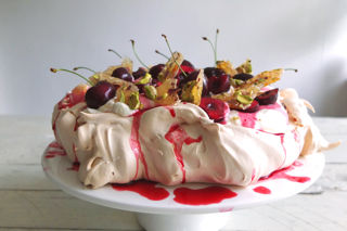 Cherry pavlova with pistachio brittle