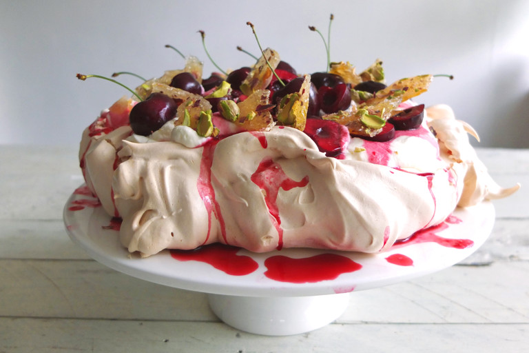 Cherry pavlova with pistachio brittle