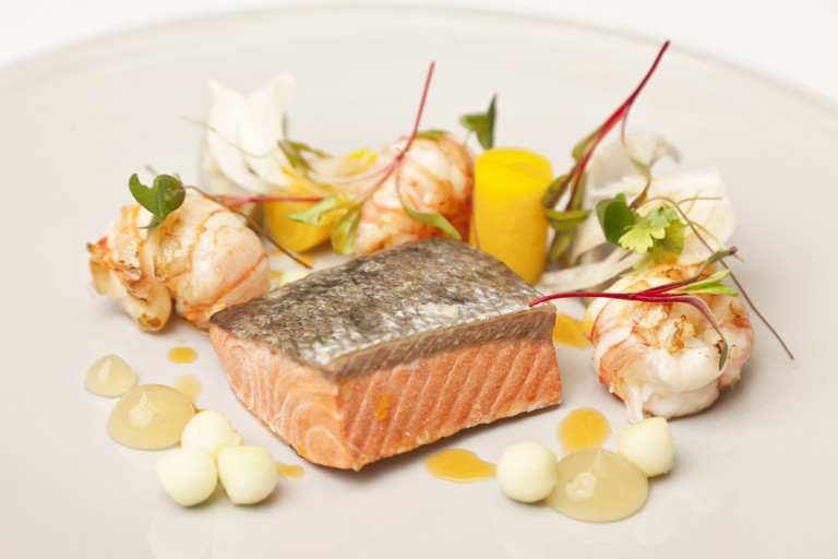 Alaska salmon, langoustine, pickled vegetables, Granny Smith