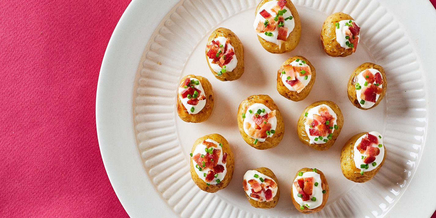 image of Mini Baked Potatoes With Sour Cream, Chive and Bacon recipe by Great British Chefs