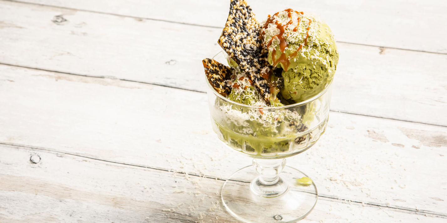 Matcha and Tahini Gelato with Sesame Brittle and Caramel Drizzle Recipe - Great British Chefs