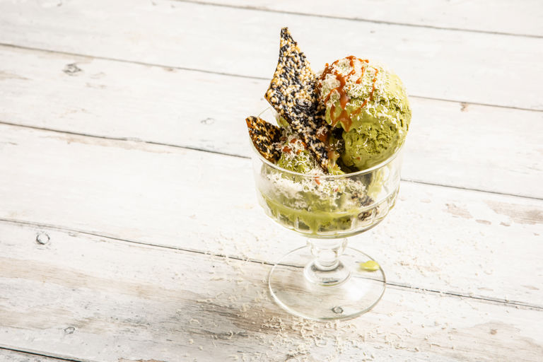 Matcha and tahini gelato with sesame brittle and caramel drizzle