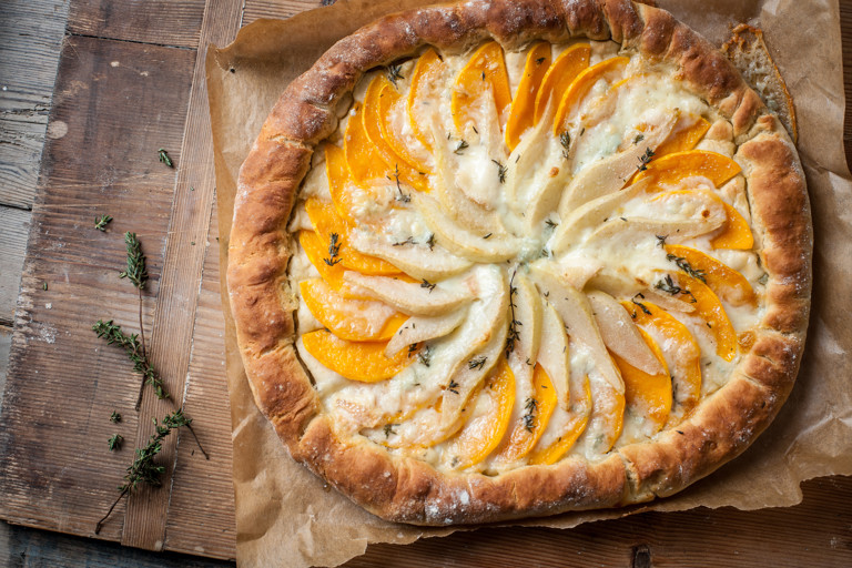 Butternut squash, pear and gorgonzola flatbread tart