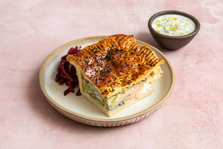 Gin-brined salmon and dill picnic traybake pie
