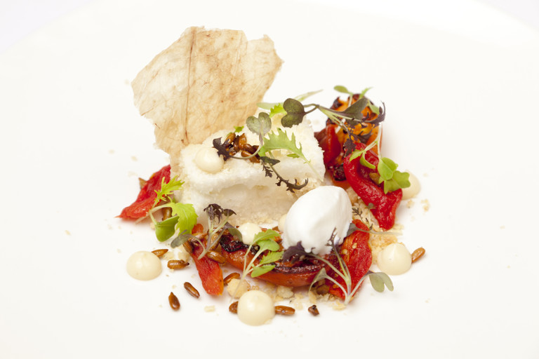 Parmesan ‘cloud’, Parmesan ice cream, tomato jam, pickled sunflower seeds