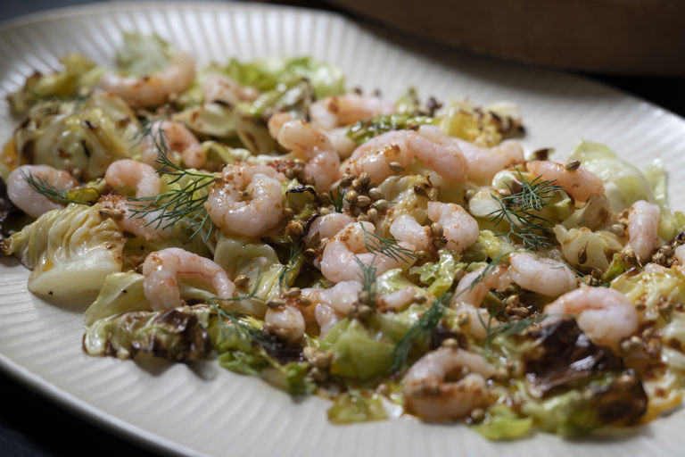 Cold-water prawn and charred cabbage salad with yoghurt, dill and spiced butter