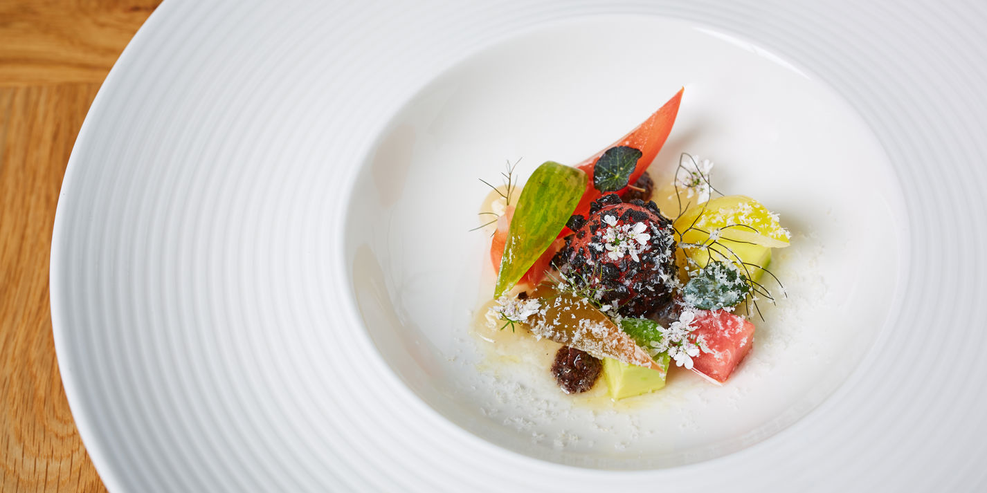 Tomato Salad with Black Garlic and Guacamole Recipe - Great British Chefs