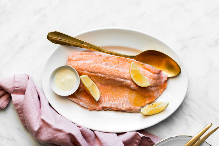 Poached rainbow trout with yoghurt sauce