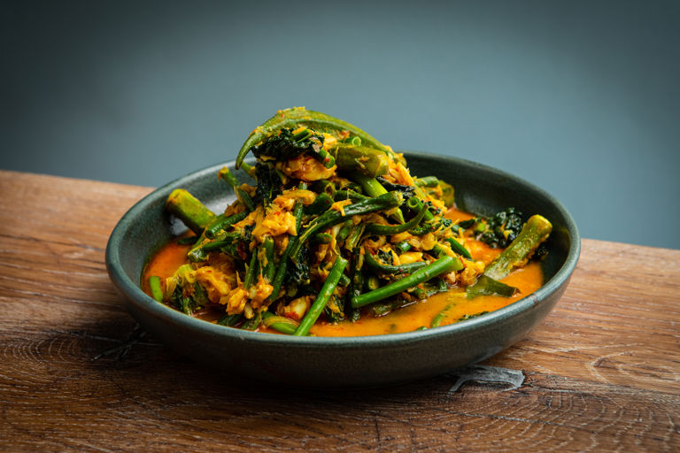 Sayur lemak with masin ikan (vegetables cooked in coconut milk with salt cod)