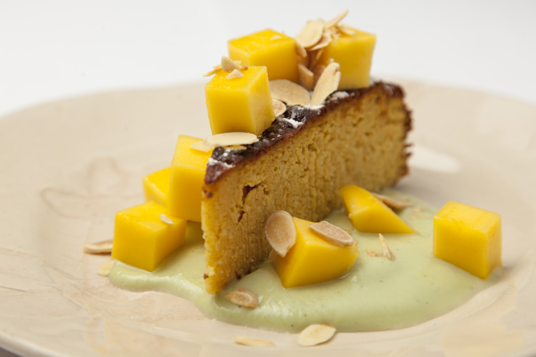 Boiled orange cake with coconut custard