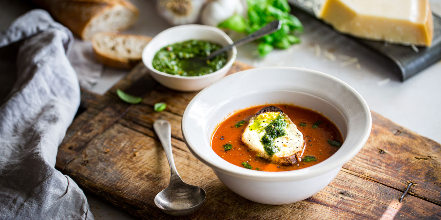 Tomato Soup with Pesto and Mozzarella Toast Recipe - Great British Chefs