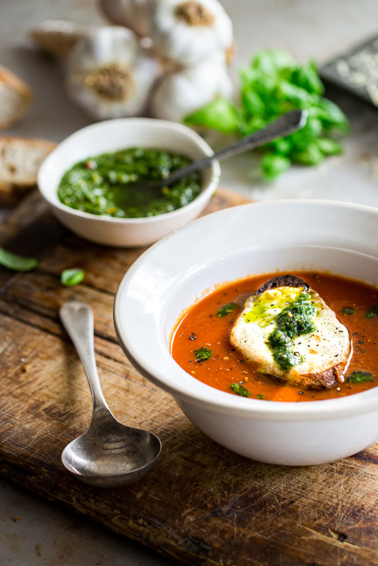 Tomato Soup with Pesto and Mozzarella Toast Recipe - Great British Chefs