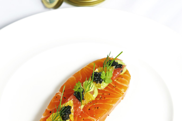 Citrus cured salmon with avocado purée and caviar