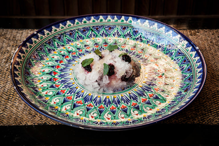 Coconut granita with bird's nest, mulberries, yoghurt and mochi