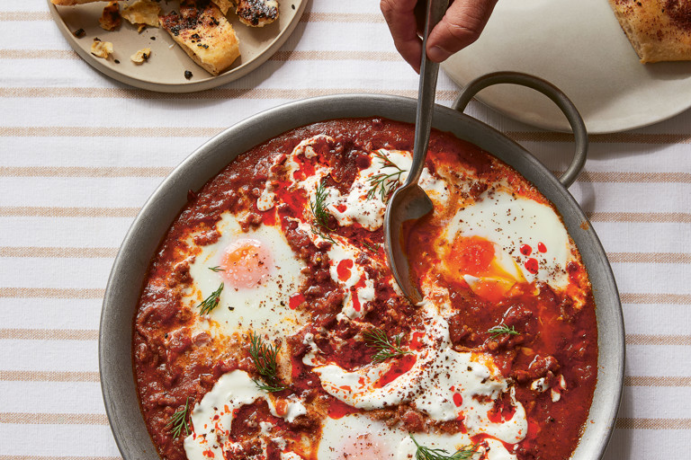 Harissa keema shakshuka with naan soldiers